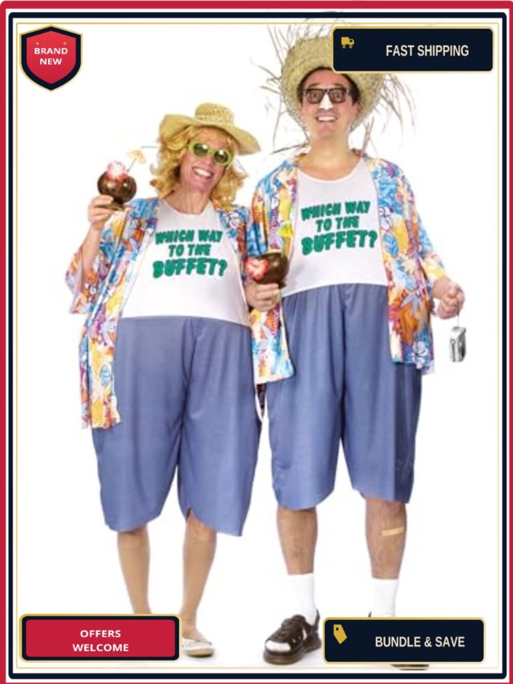 Tacky Traveler Adult Costume Jumpsuit with Hawaiian Shirt Hoop Waist